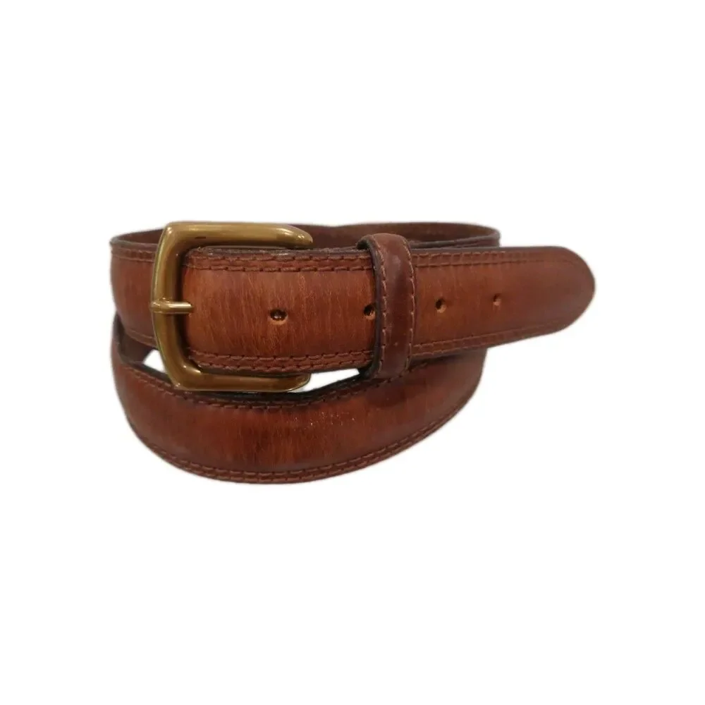 Men's Belt Brown Leather Double Stitched Edging Brass Buckle 39 Handmade America